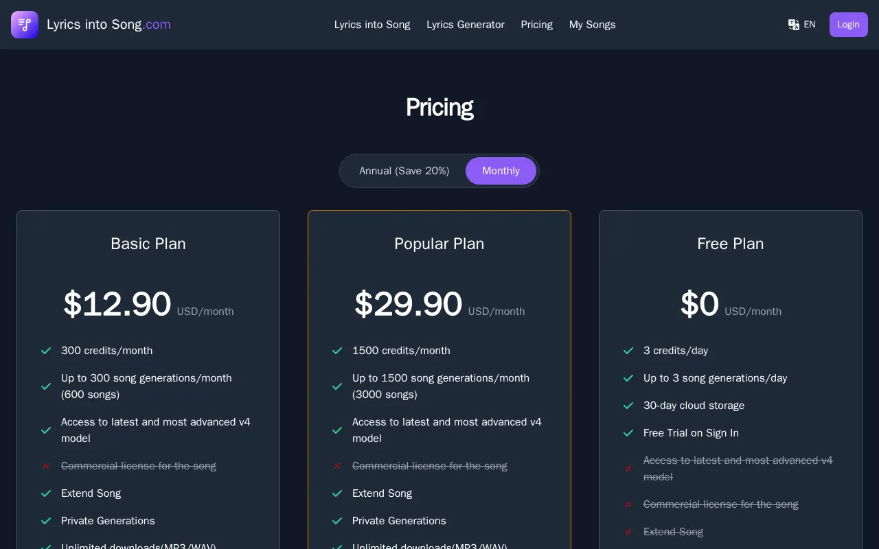 Lyrics into Song — pricing page