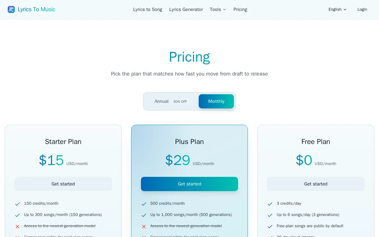 Lyrics To Music.ai — pricing page