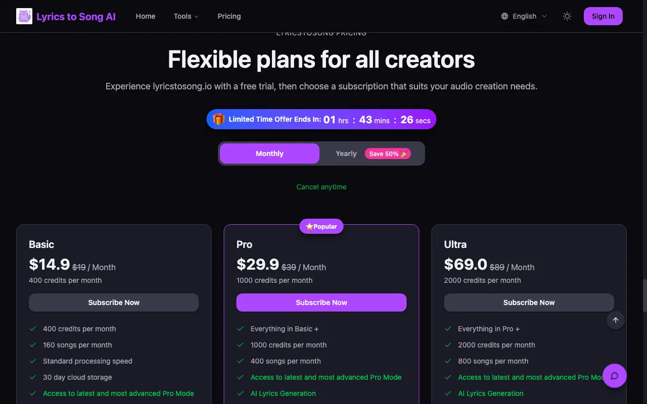 Lyrics To Song AI — pricing page