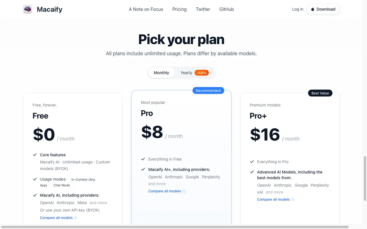 Macaify — pricing page