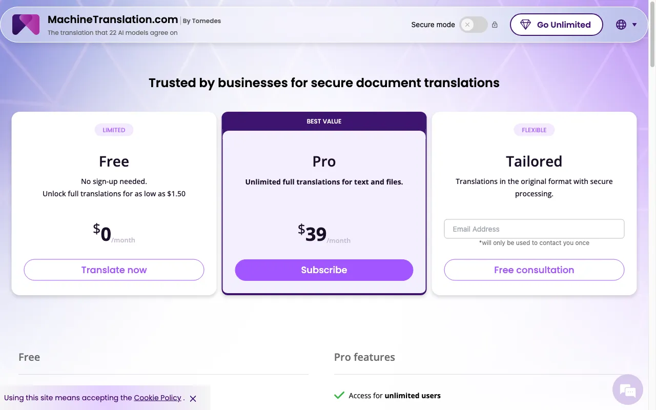 MachineTranslation — pricing page