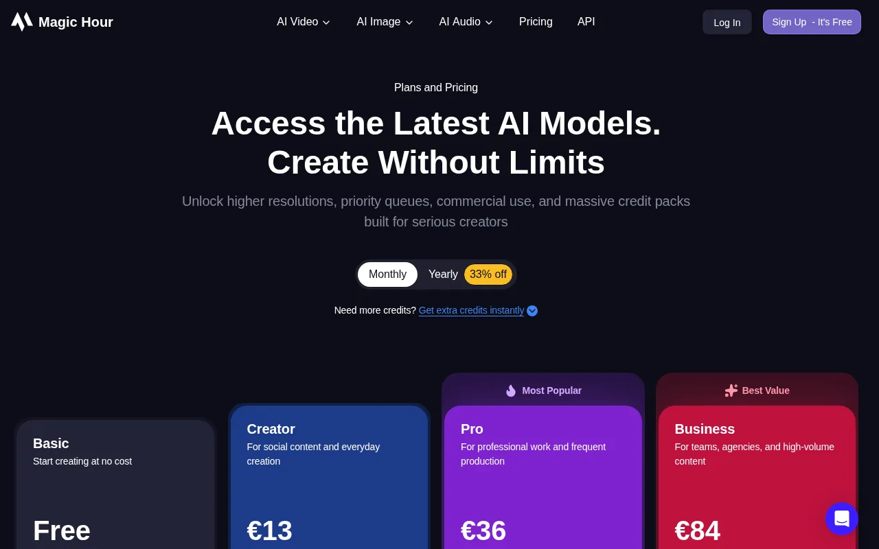 Magic Hour AI — pricing page