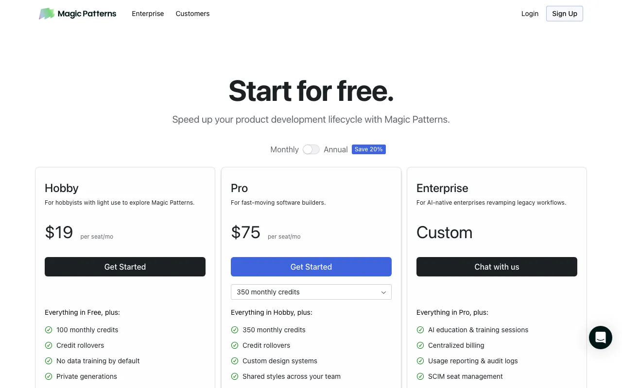 Magic Patterns — pricing page