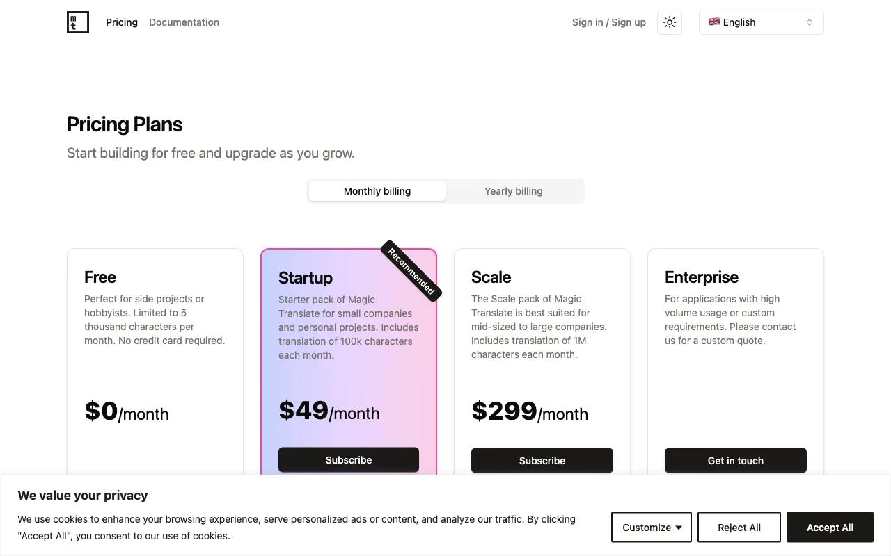 Magic Translate — pricing page