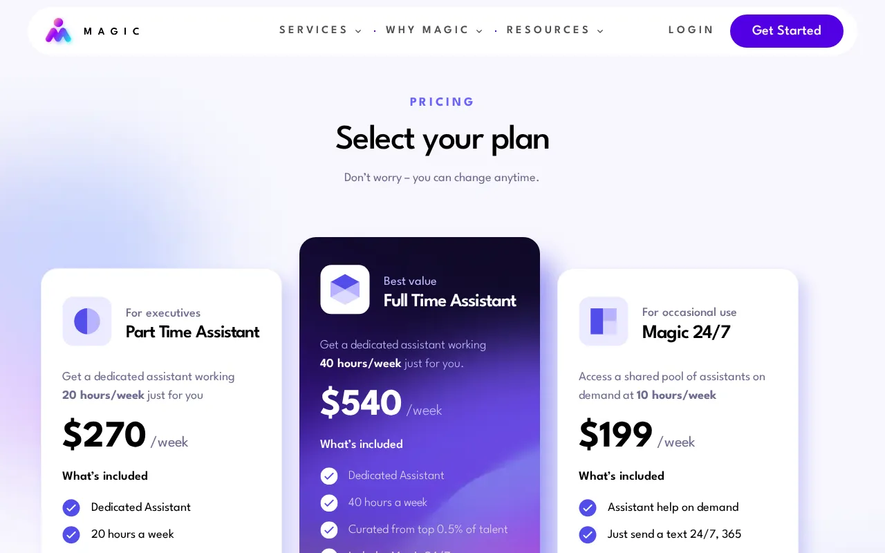 Magic | Virtual Executive Assistants — pricing page