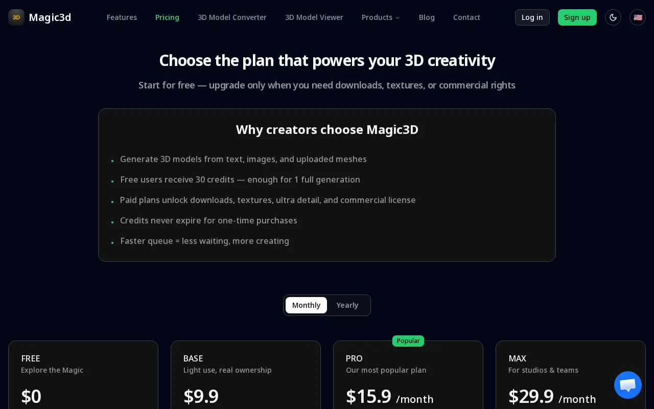 Magic3D — pricing page