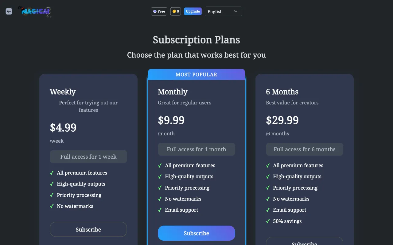 MagicAi — pricing page