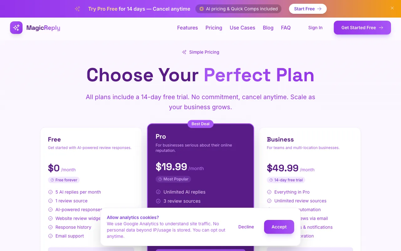 MagicReply AI — pricing page