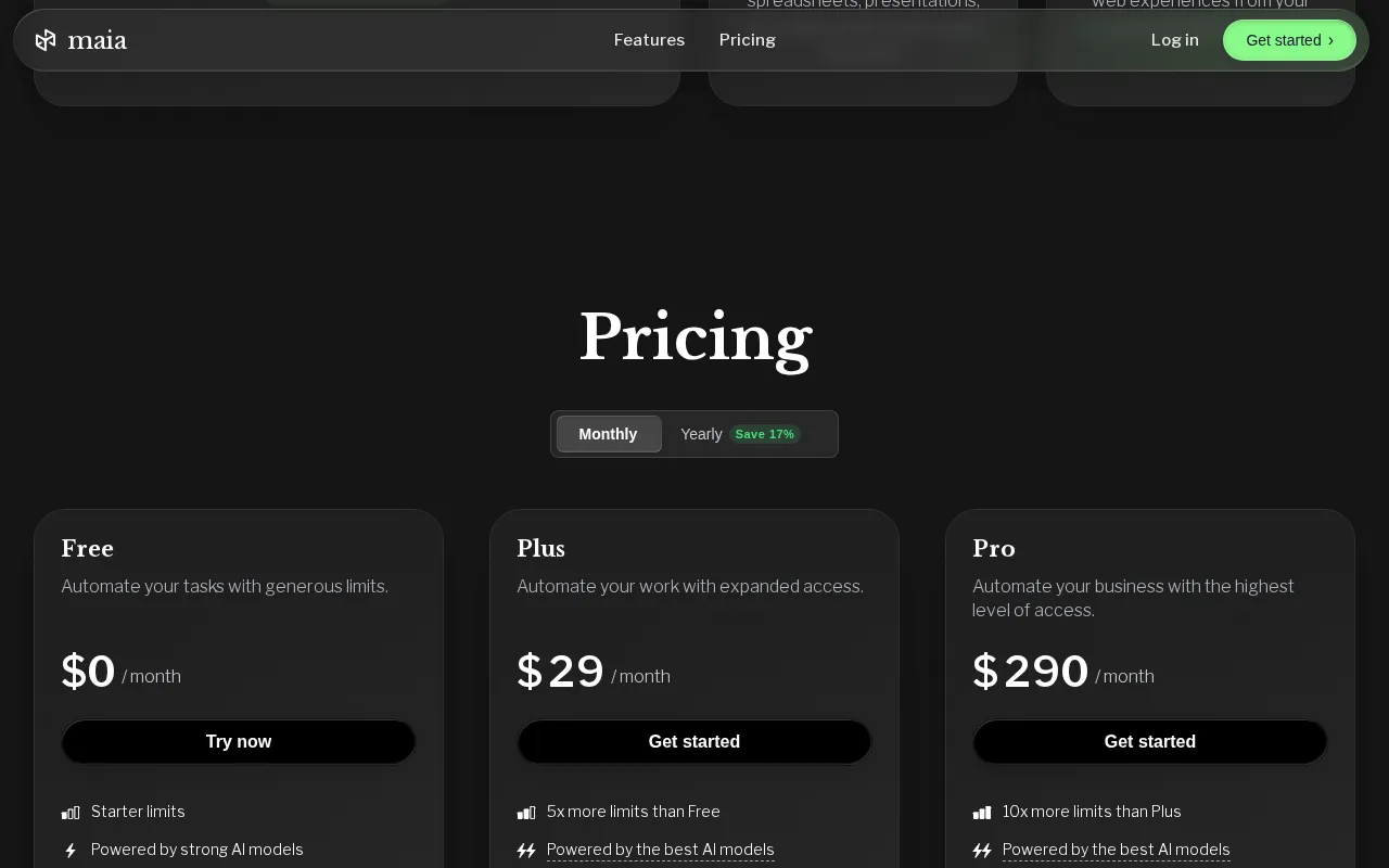 maia.is your AI that gets things done — pricing page