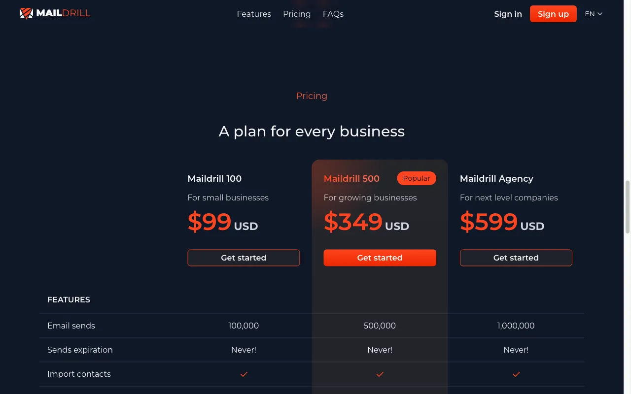 Maildrill — pricing page