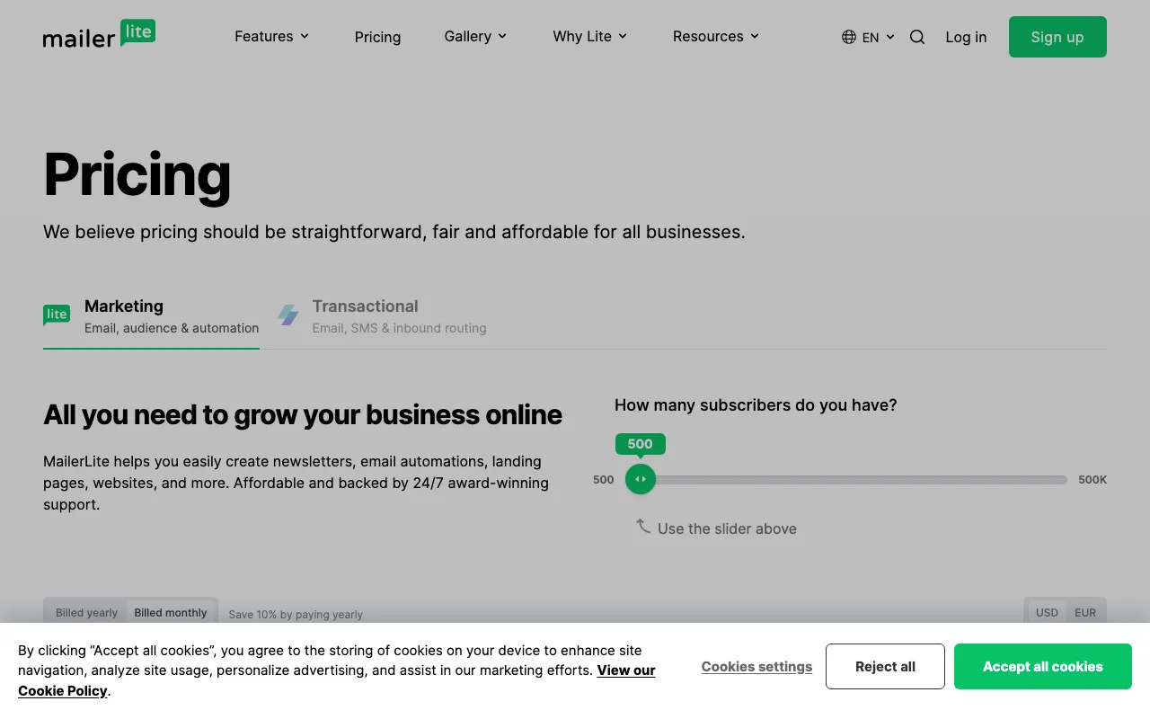 MailerLite AI Drag & Drop Editor — pricing page