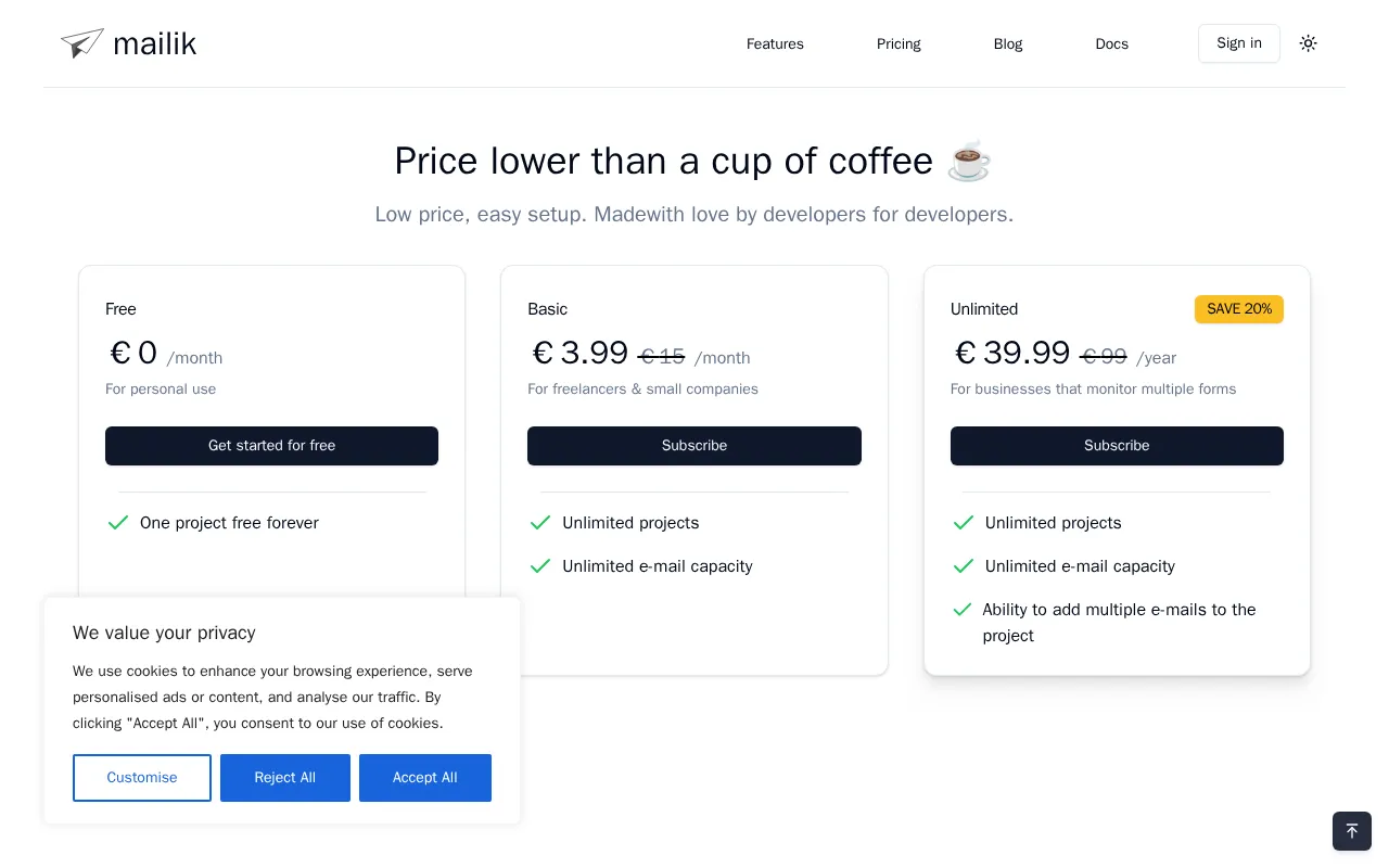 Mailik — pricing page