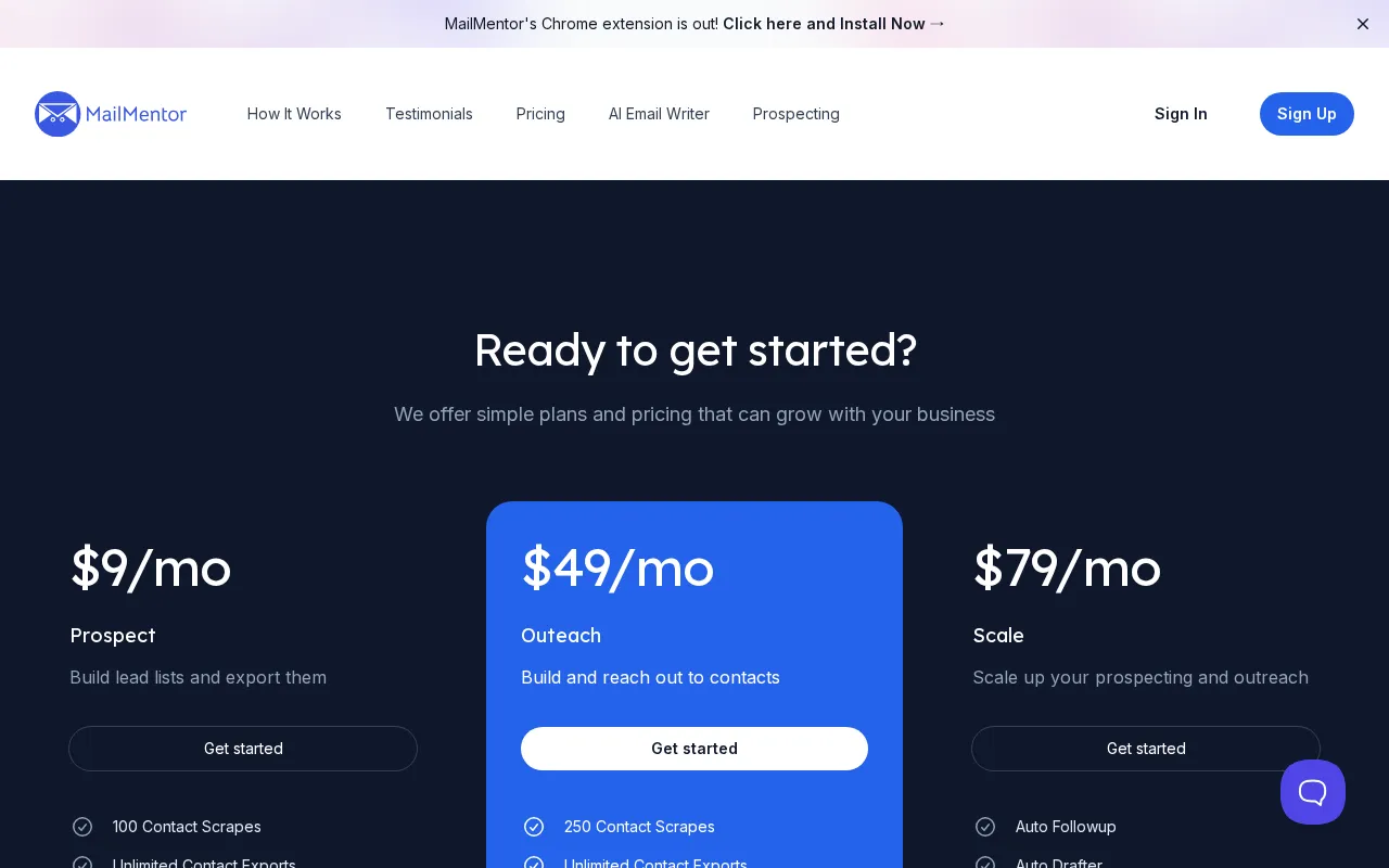 MailMentor — pricing page