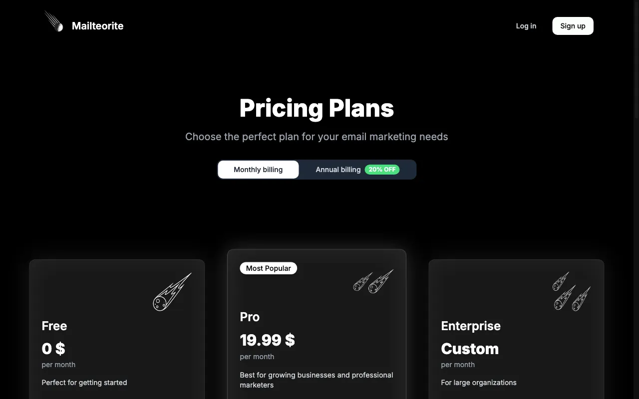 Mailteorite — pricing page