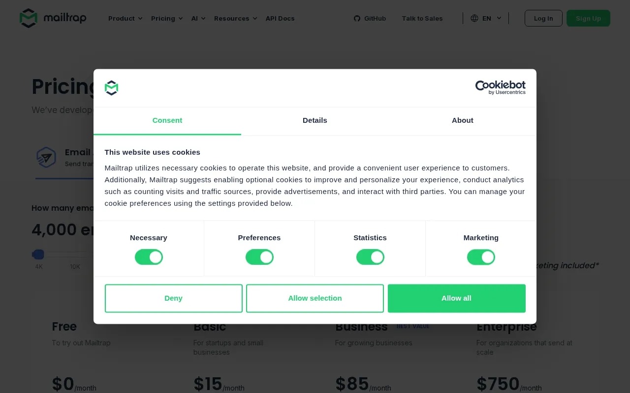 Mailtrap — pricing page
