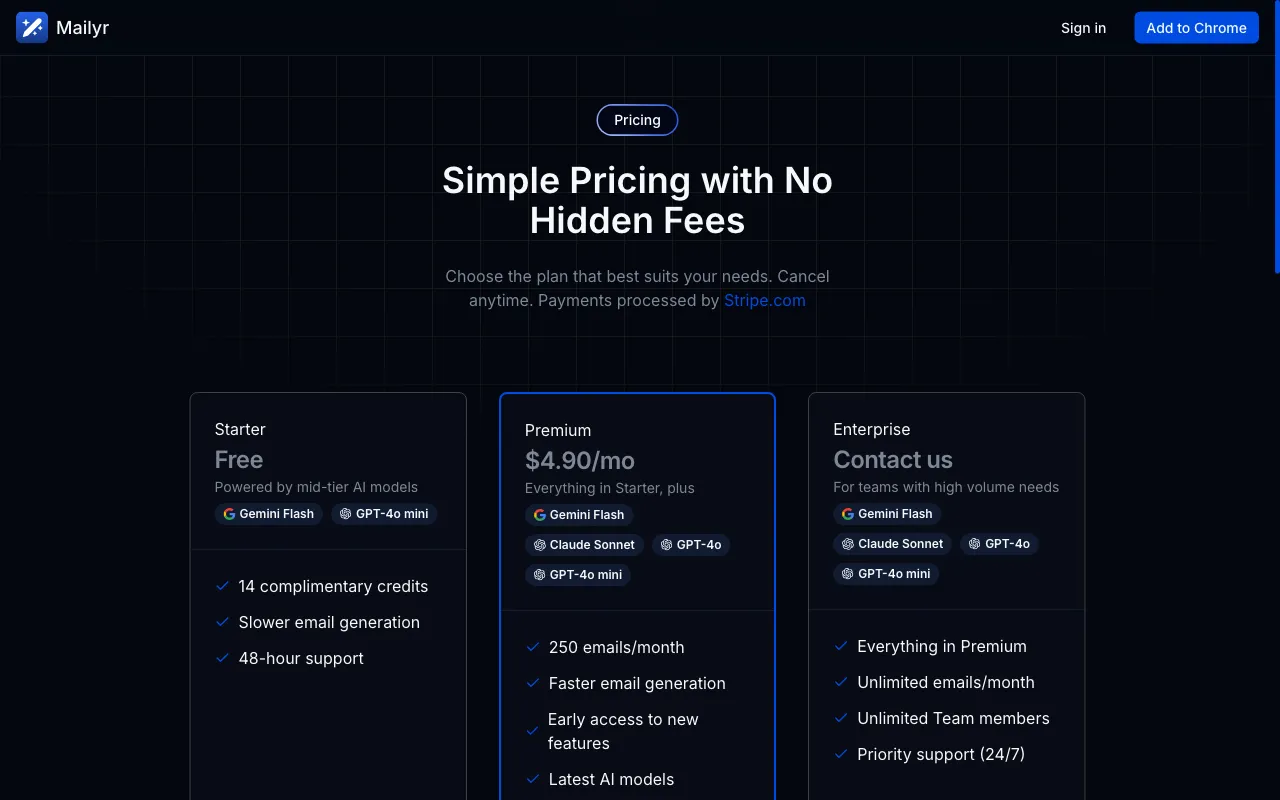 Mailyr — pricing page