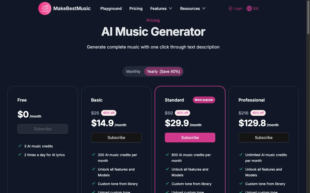 Make Best Music — pricing page
