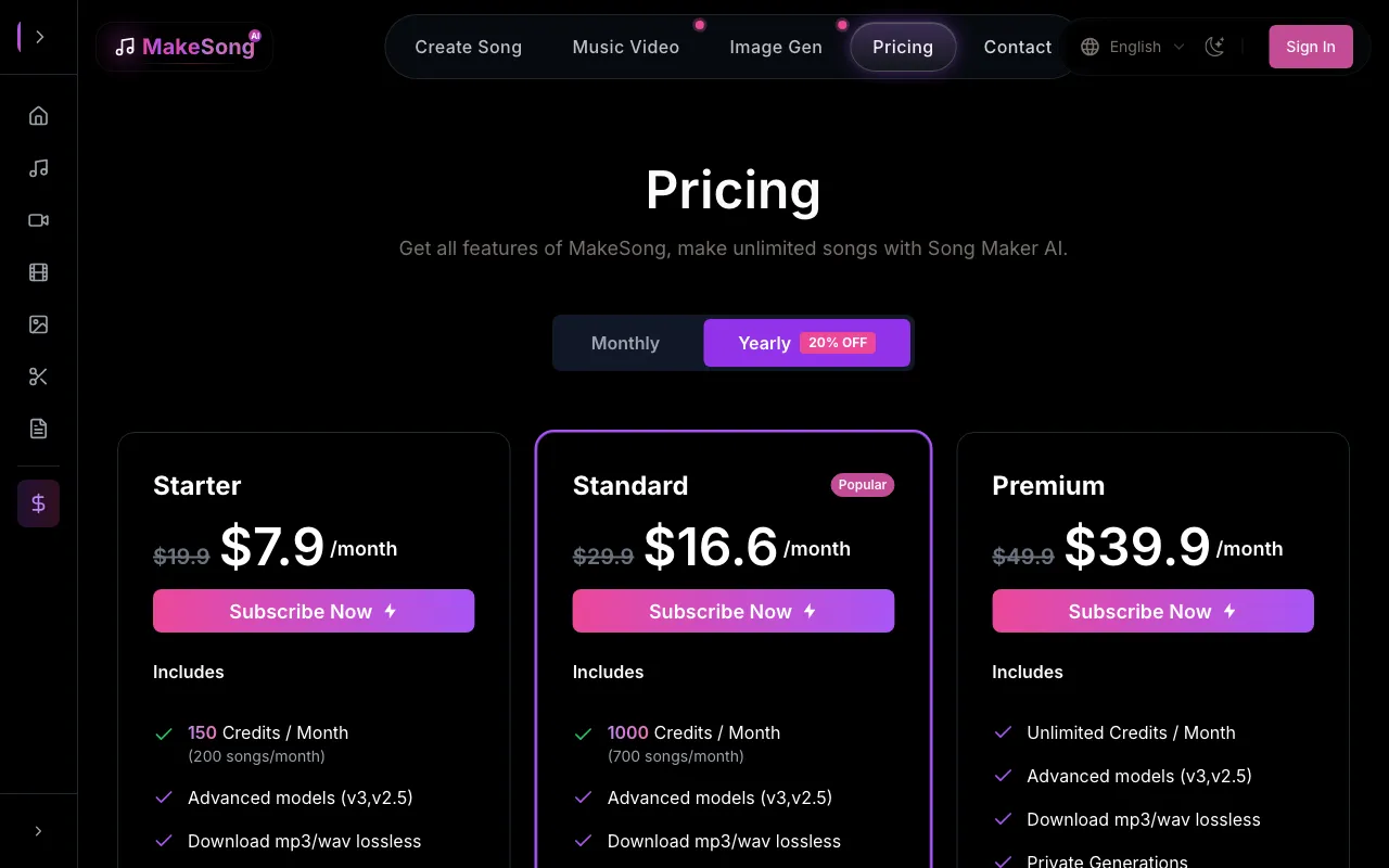 MakeSong — pricing page