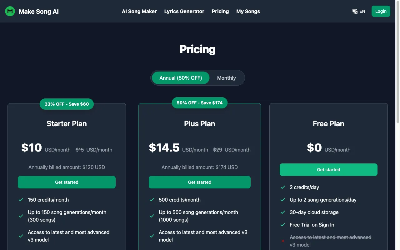 Make Song AI — pricing page