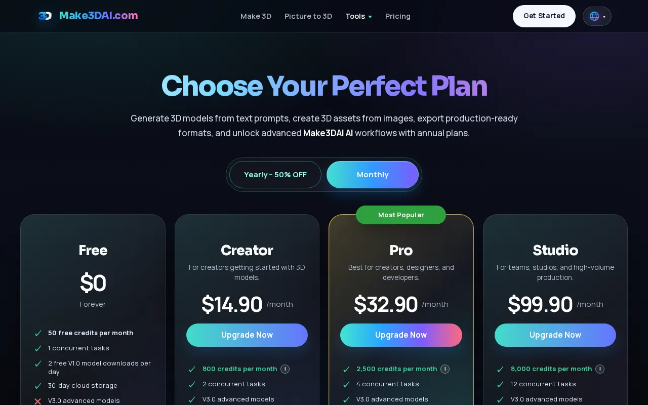 Make3DAI.com — pricing page