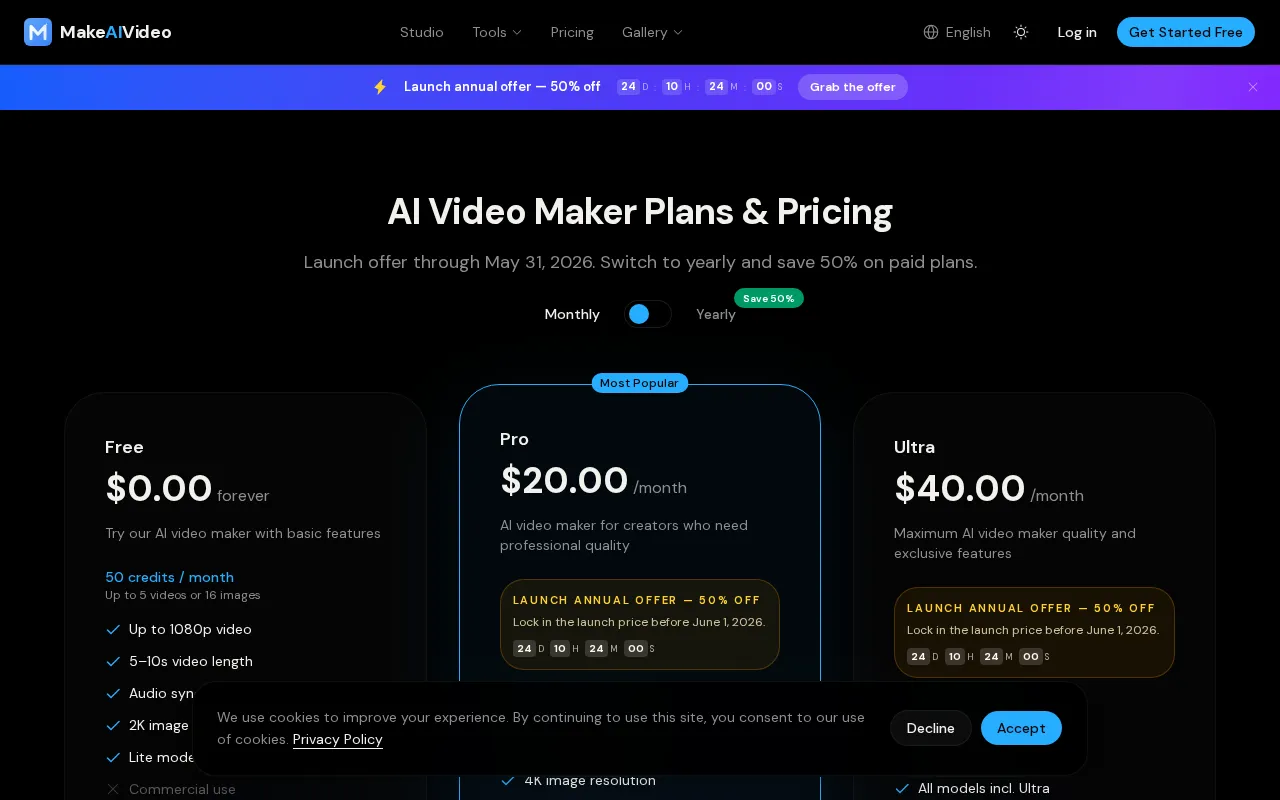 MakeAIVideo — pricing page