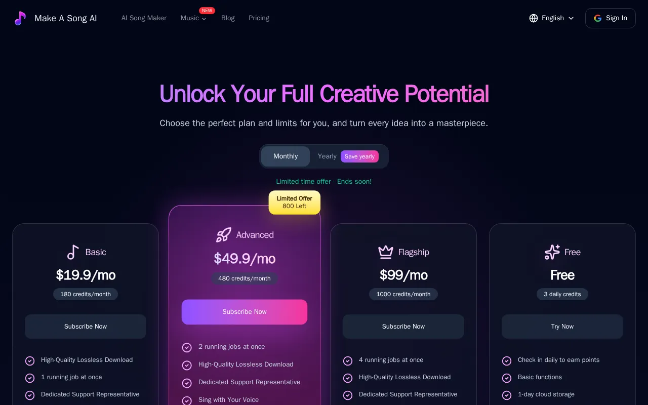 Make a Song AI — pricing page