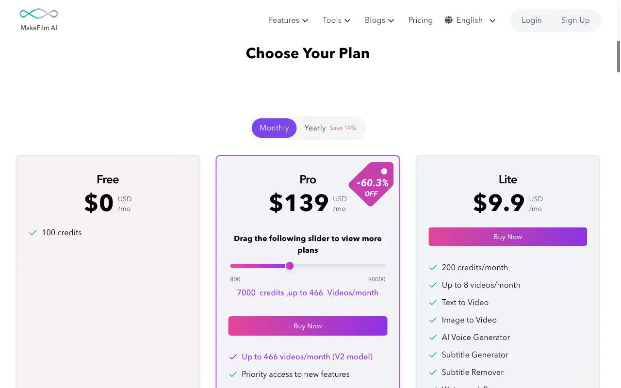 Makefilm — pricing page