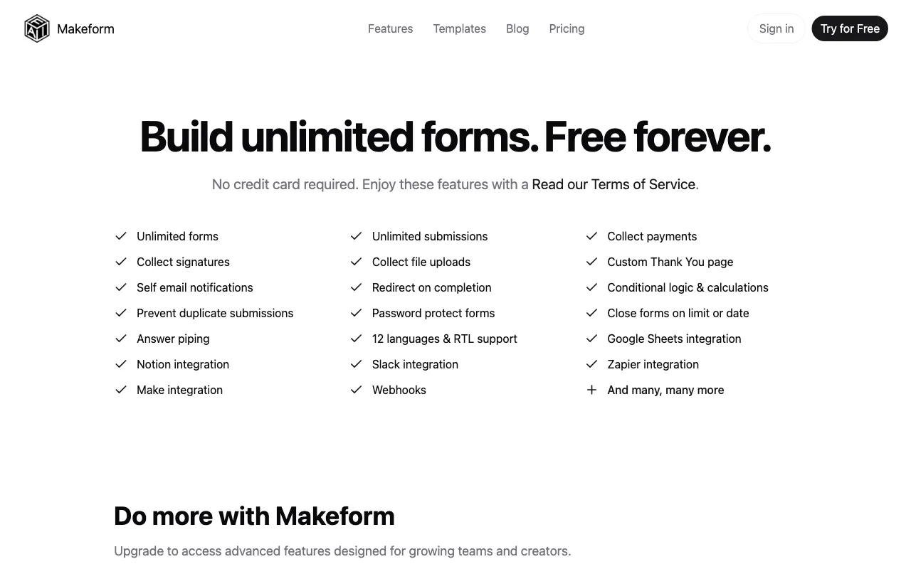 Makeform — pricing page