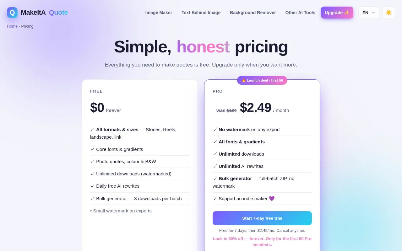 MakeItAQuote — pricing page