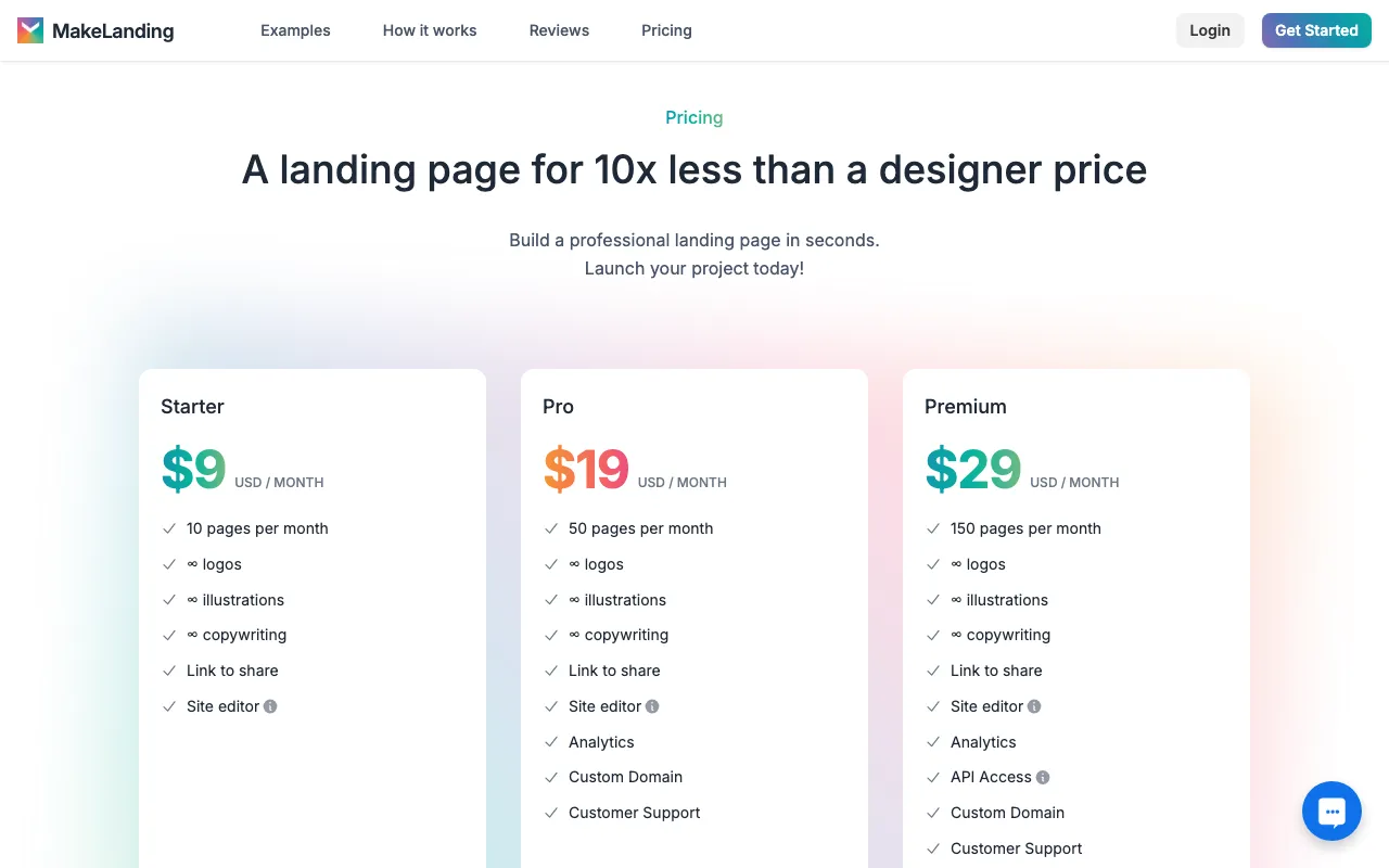 MakeLanding — pricing page