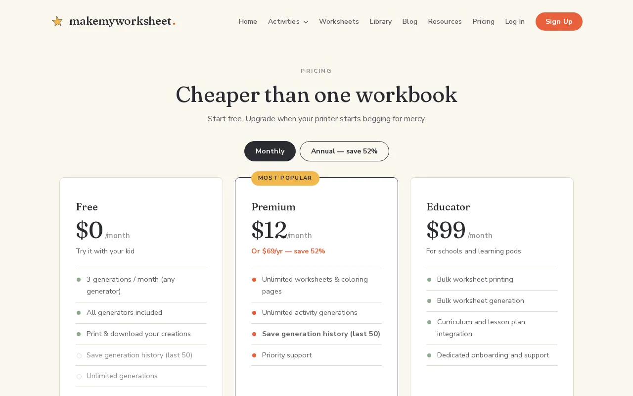 MakeMyWorksheet — pricing page