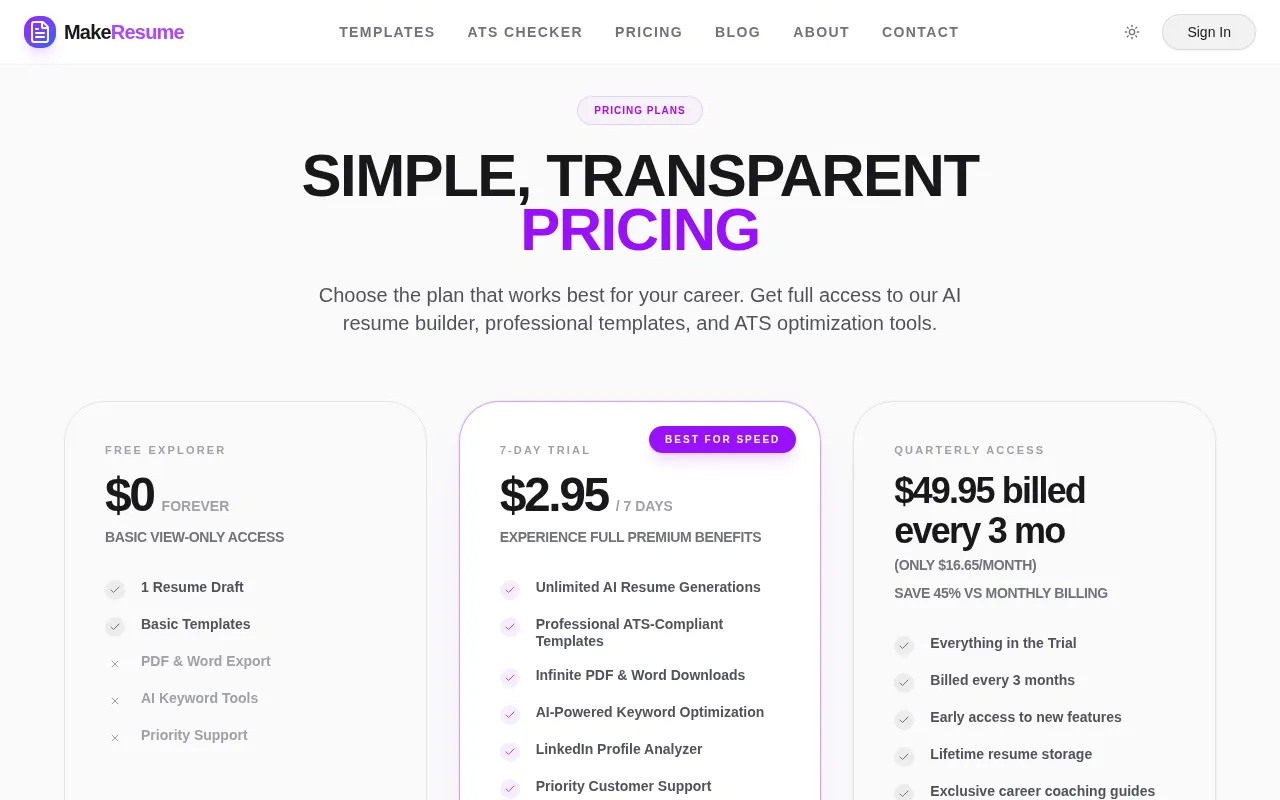MakeResume — pricing page