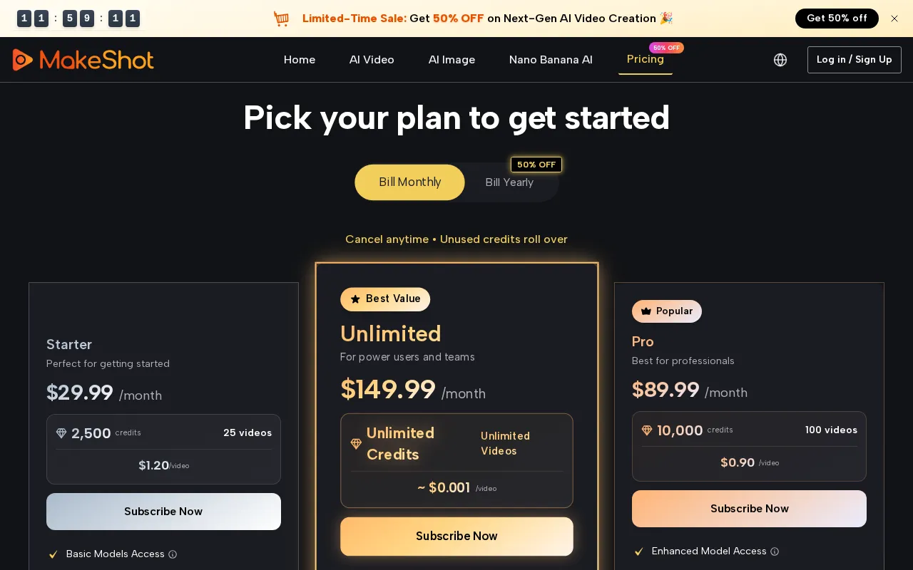 MakeShot AI — pricing page