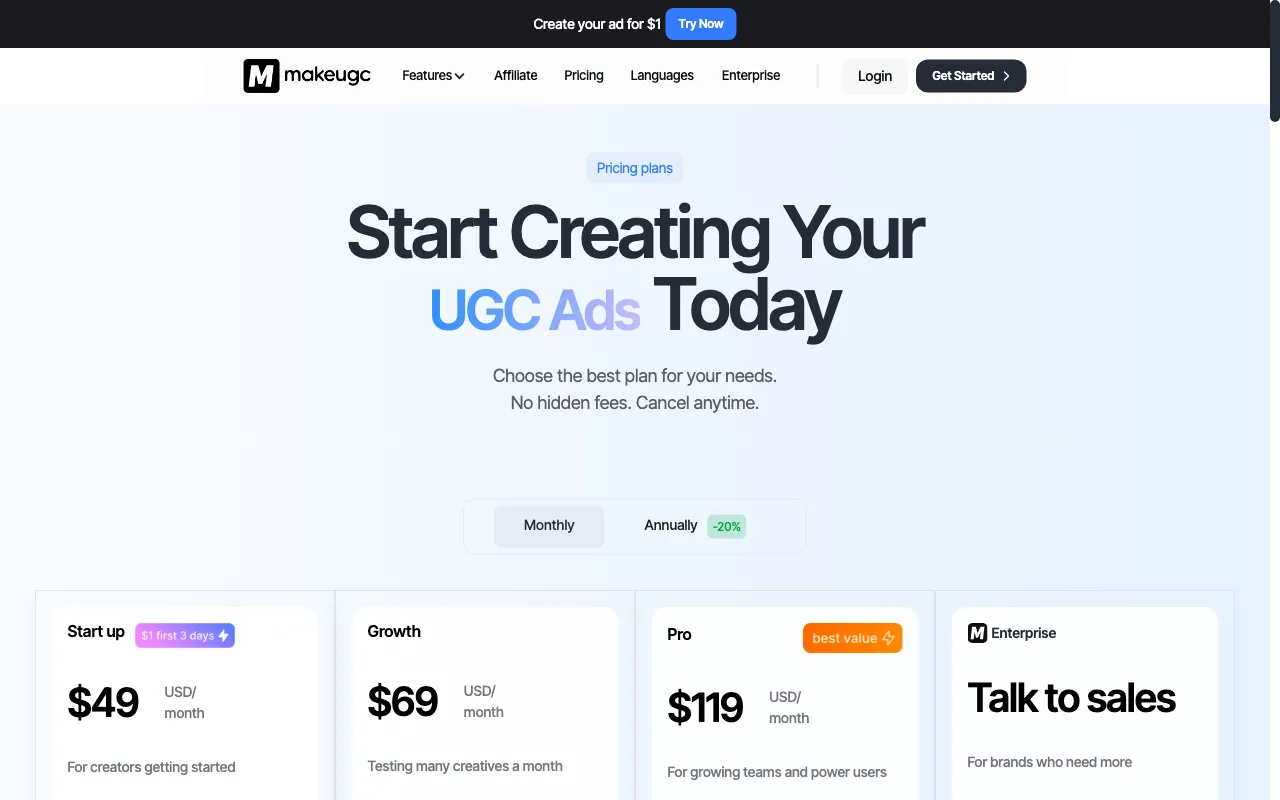 MakeUGC — pricing page