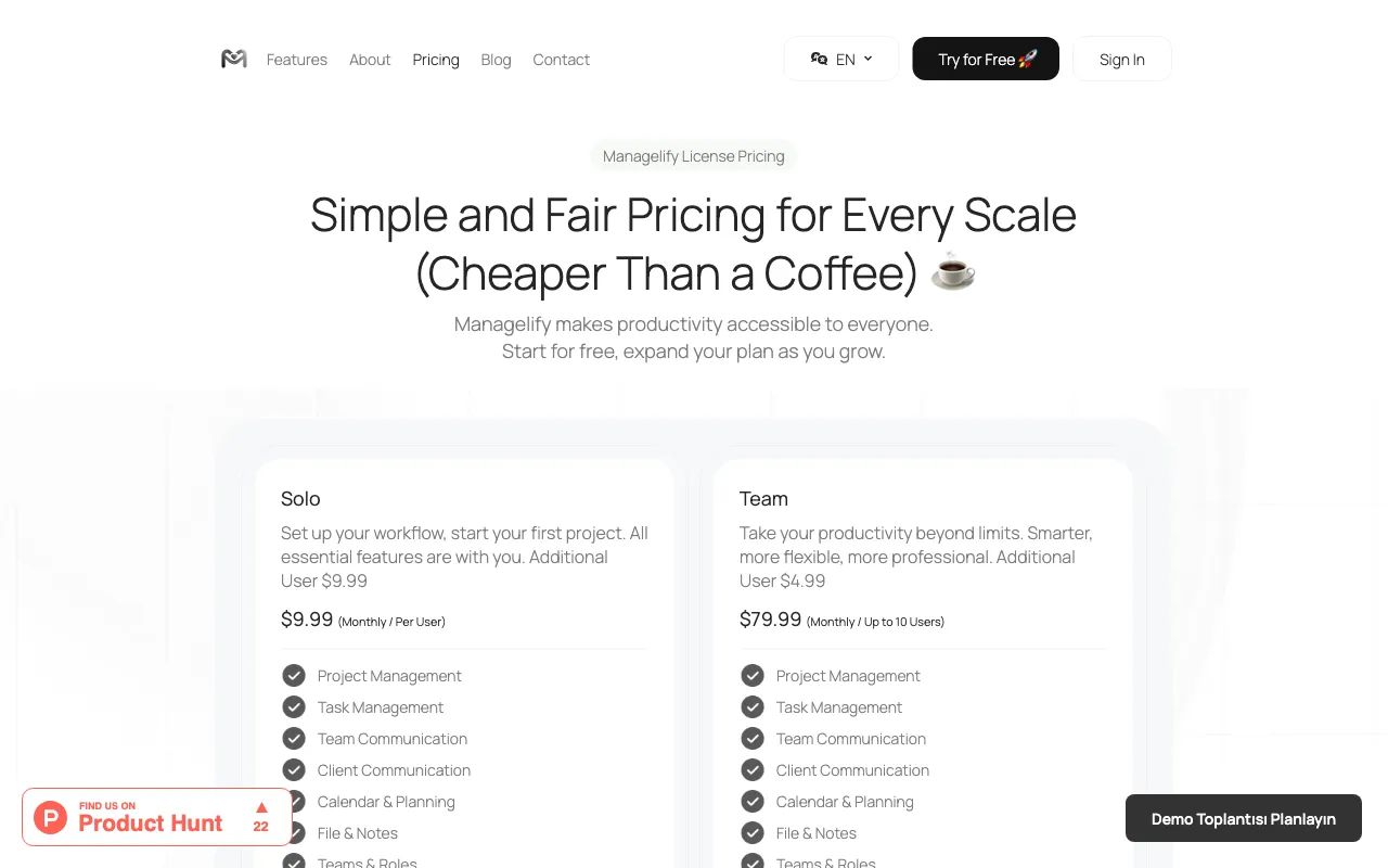 Managelify — pricing page