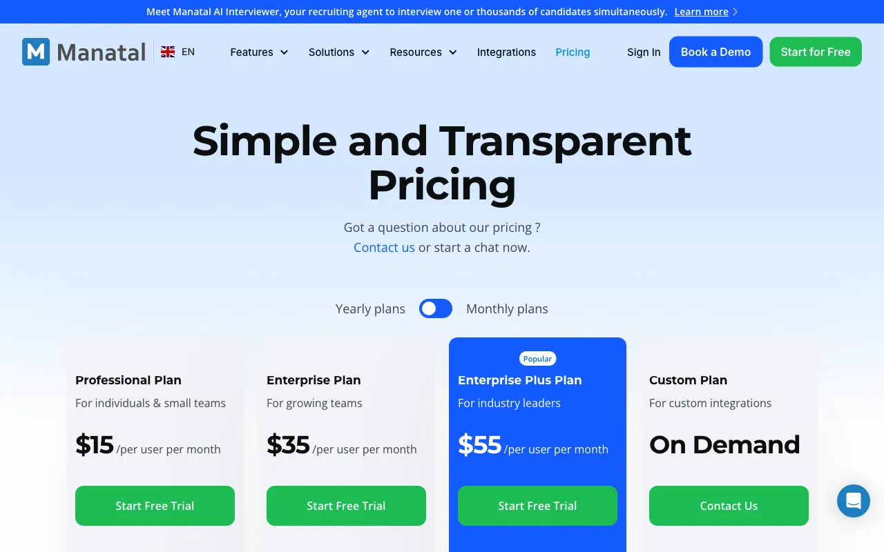 Manatal — pricing page