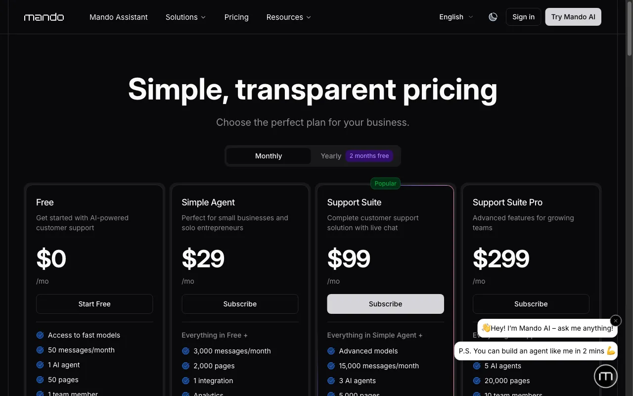 Mando AI — pricing page