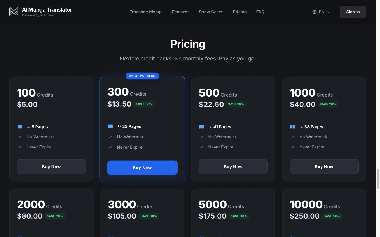 Manga Translator — pricing page