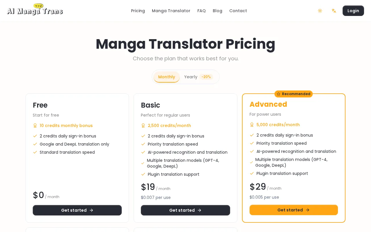 Manga Translator — pricing page
