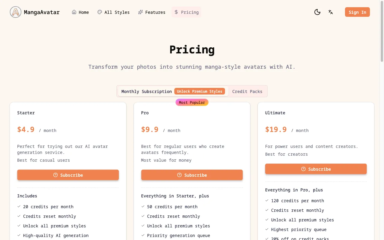 Manga Avatar — pricing page
