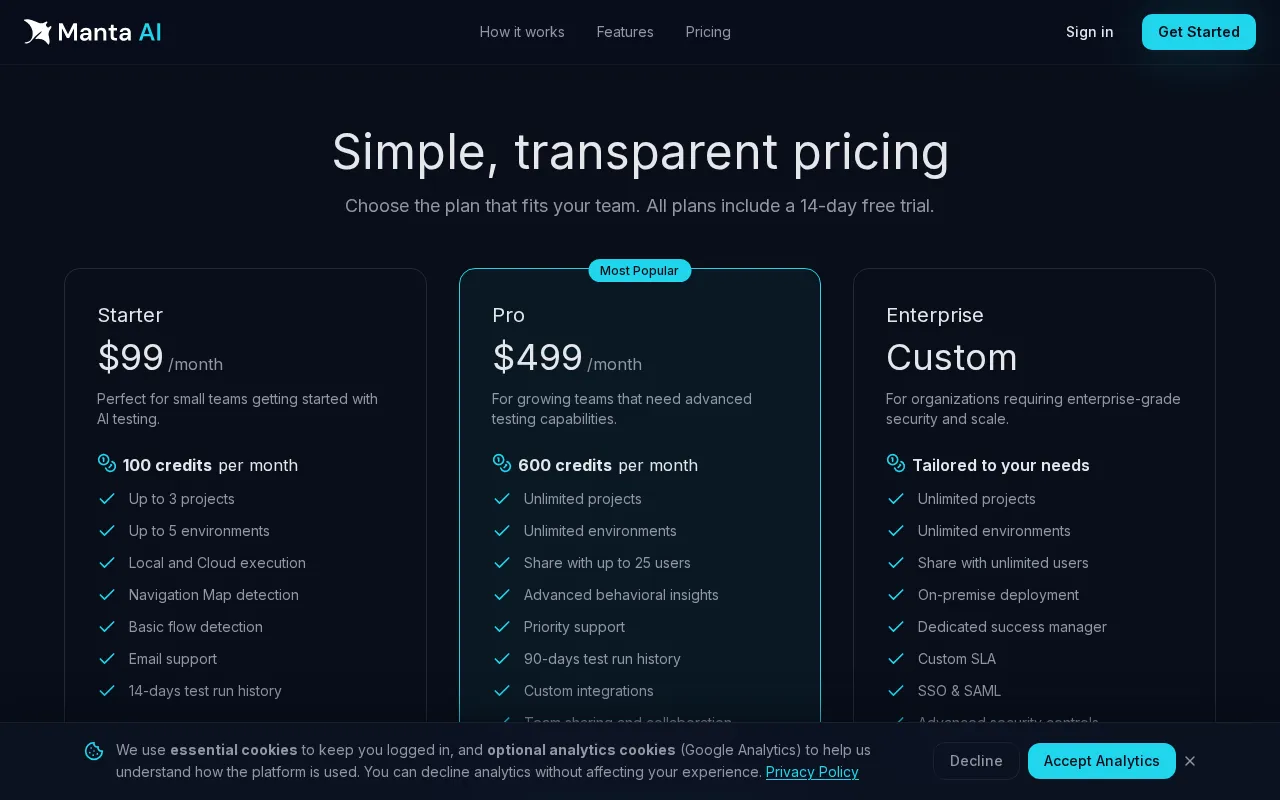Manta AI — pricing page