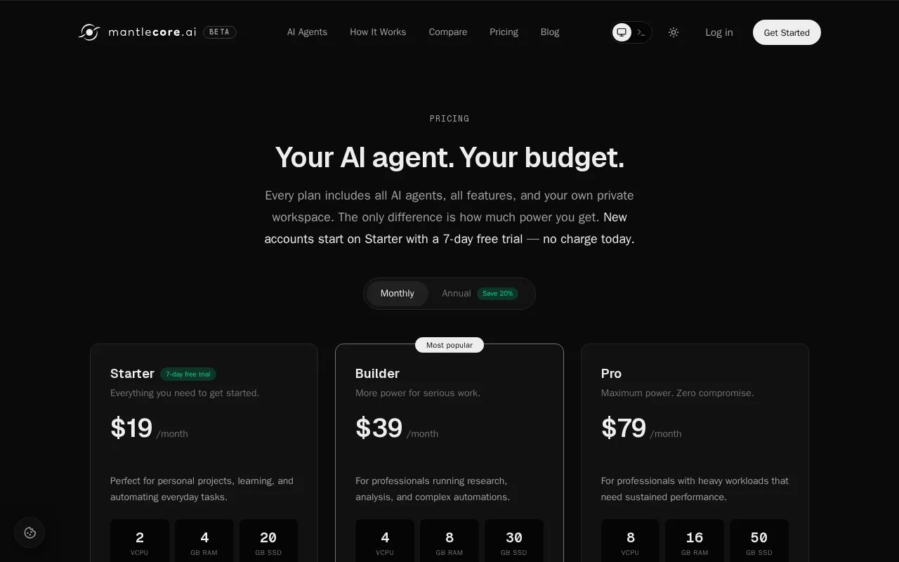 Mantlecore AI — pricing page