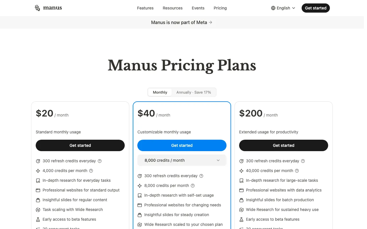 Manus — pricing page