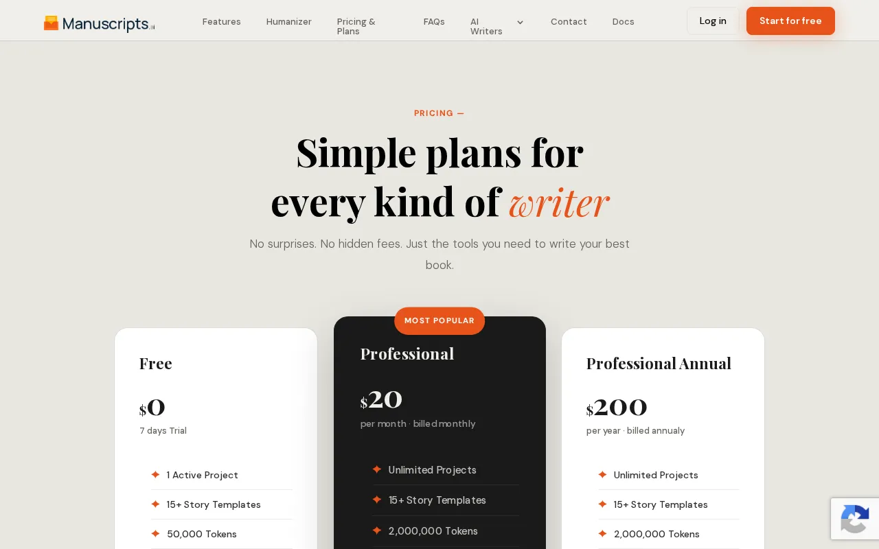 ManuscriptsAI — pricing page