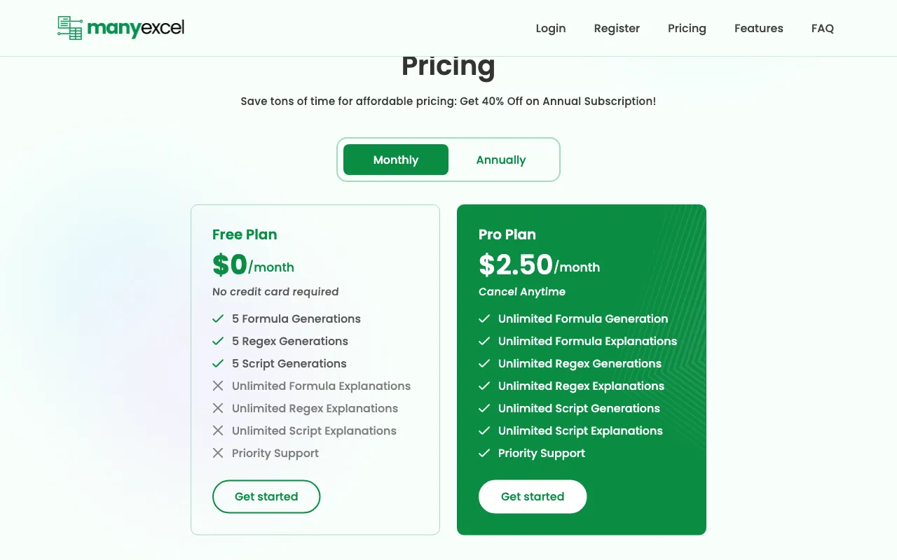 ManyExcel — pricing page