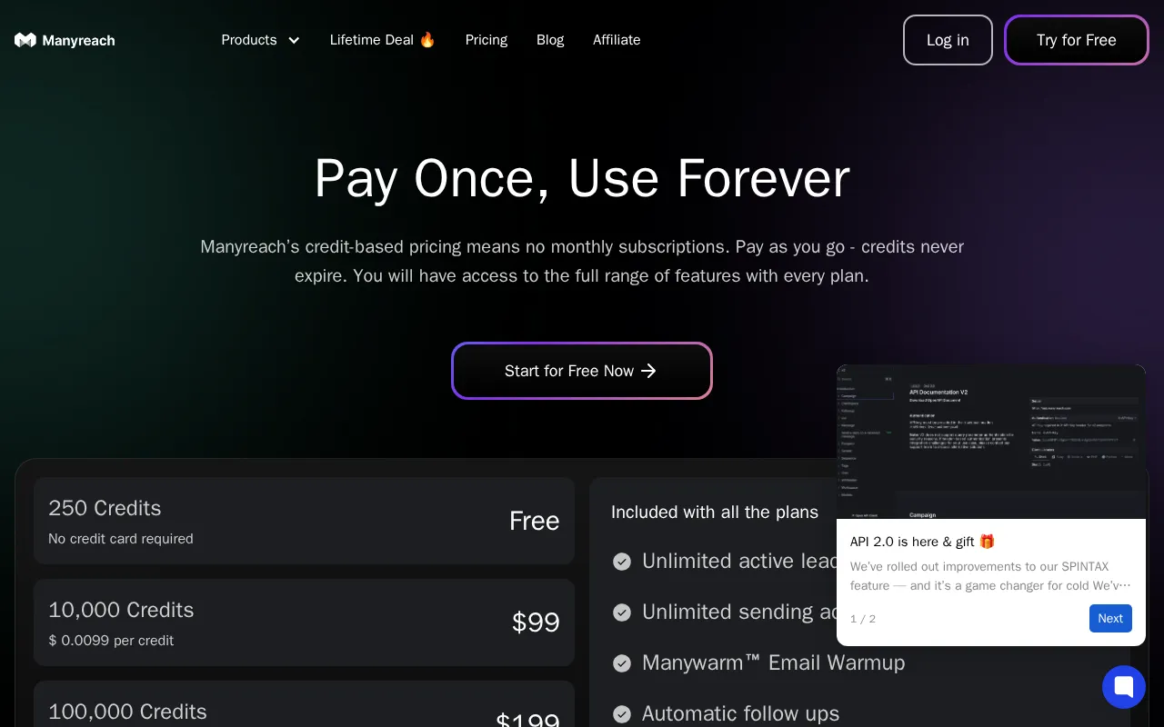 Manyreach — pricing page