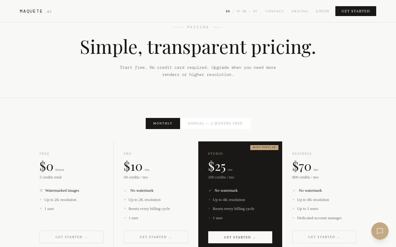 Maquete AI — pricing page