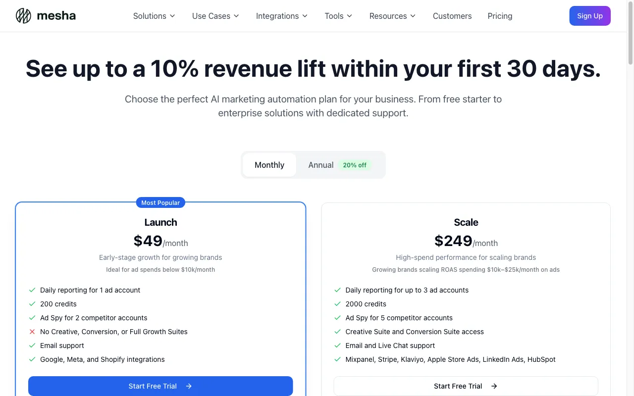 Mesha AI — pricing page