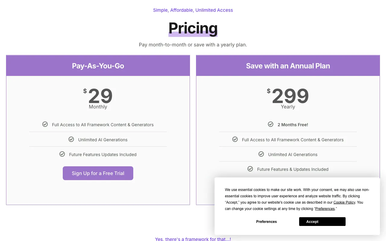 Marketing Frameworks — pricing page