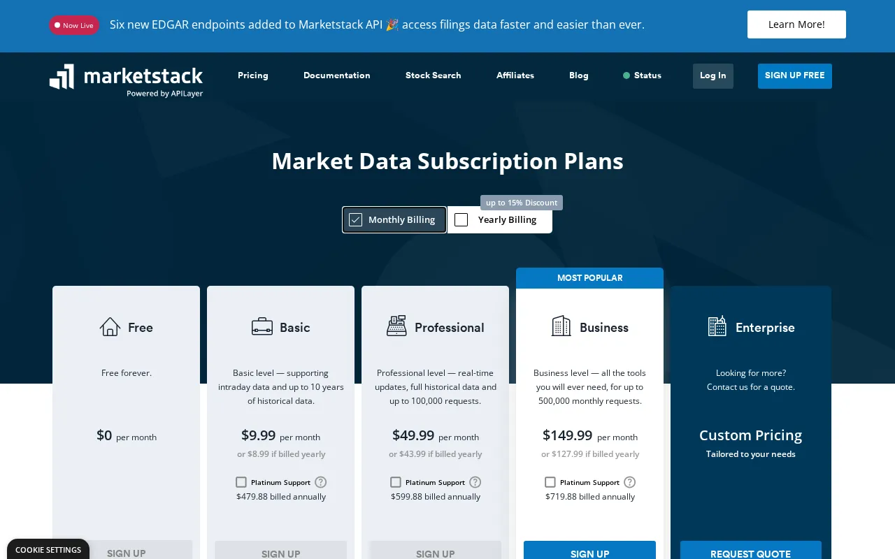 Marketstack — pricing page